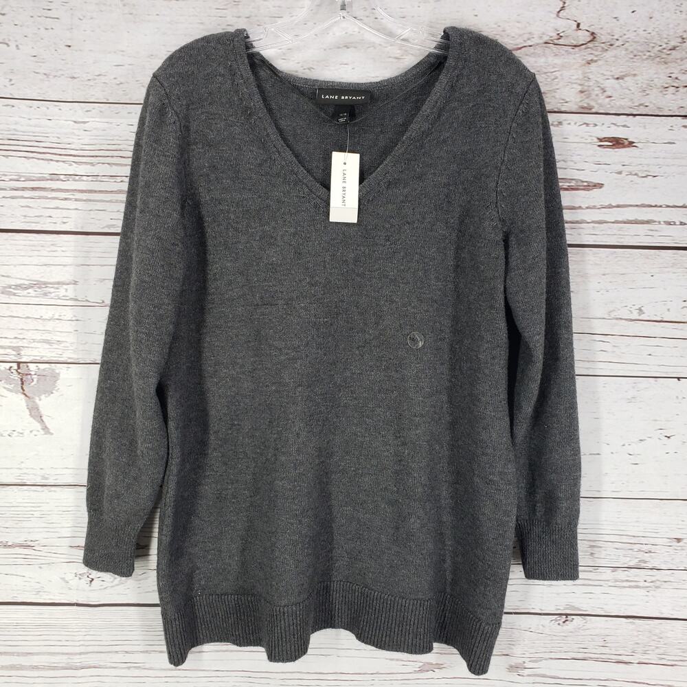 Lane Bryant New Gray Knit V-Neck Long Sleeve Pullover Sweater Size 14/16